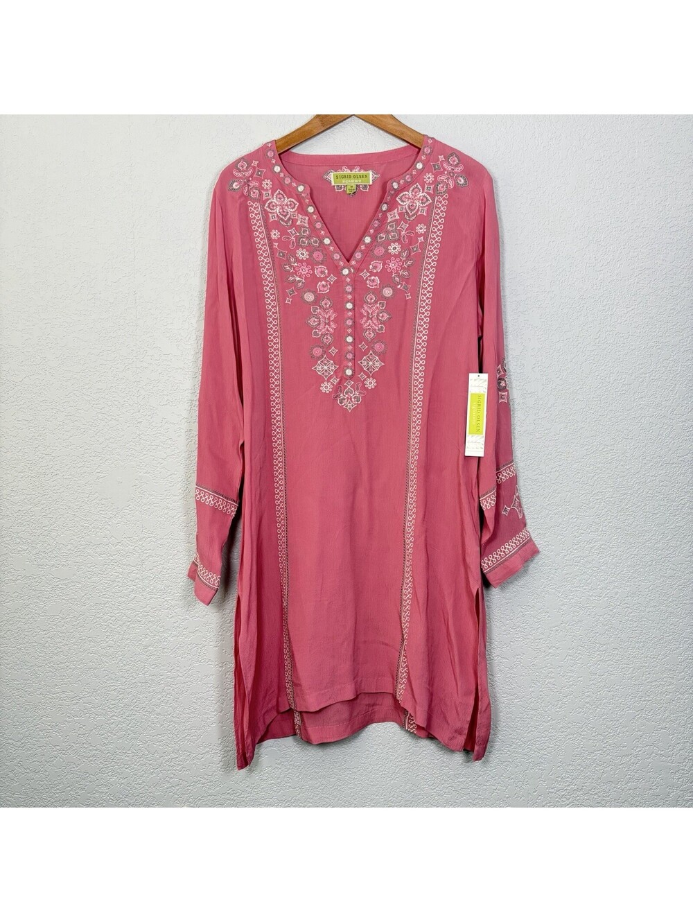 NWT Sigrid Olsen Signature Women’s M Embroidered Mini Dress Pink Boho Tunic